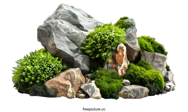 [Transparent Background PNG]Green Moss and Rocks on a White Background