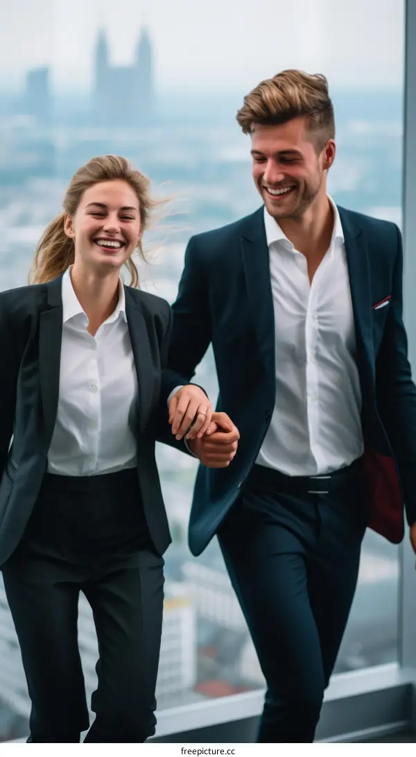 Business people in suits holding hands and smiling