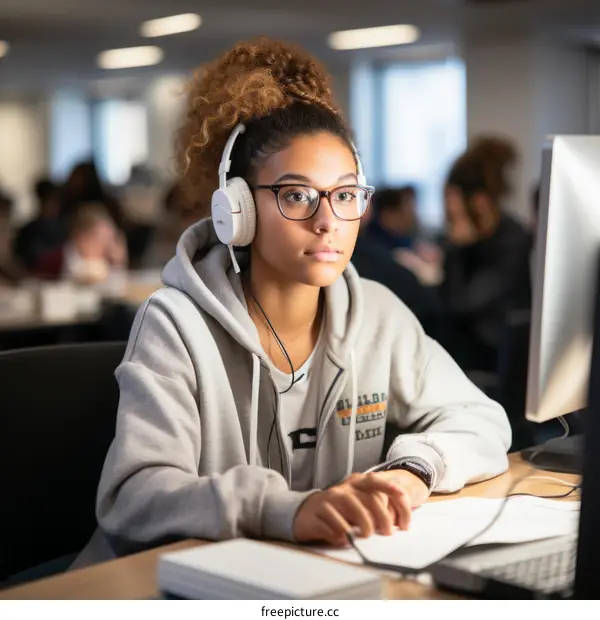A young woman wearing headphones and glasses is working on a computer.