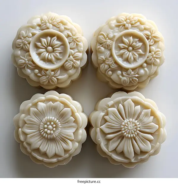 Four Flower Shaped Soaps on White Background