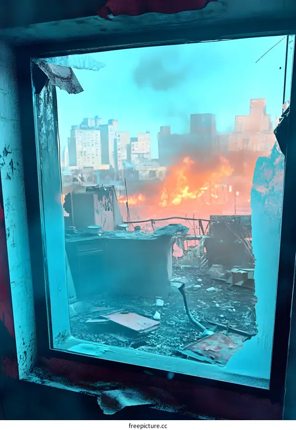 Broken Window View of a City Fire
