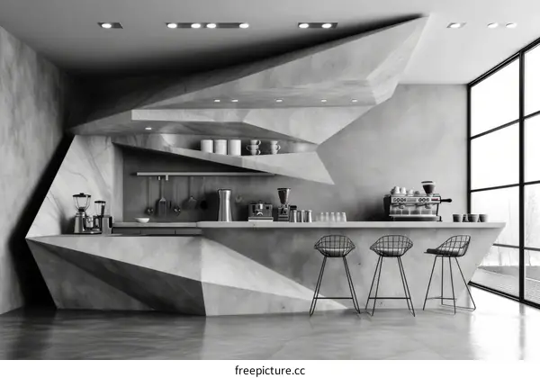 Black and white geometric shapes form a modern cafe interior