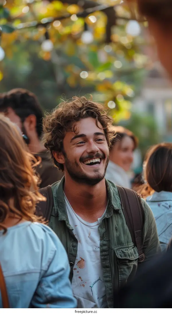Portrait of a young man with curly hair smiling happily at a party