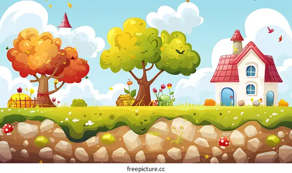 Cartoon Landscape With House, Trees, And Flowers