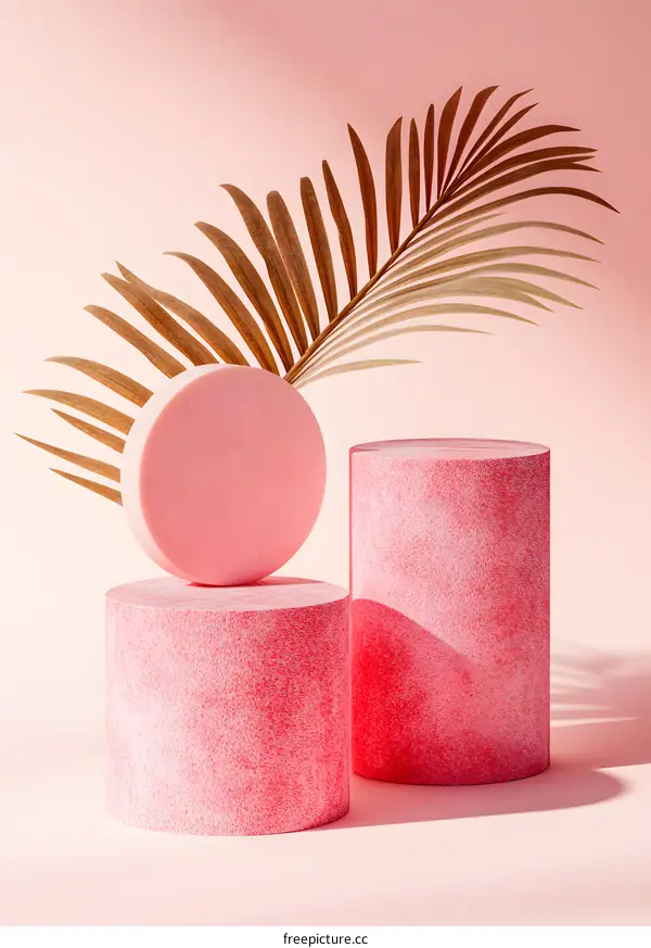 Pink Cylinders and Palm Leaf Minimalist Product Display