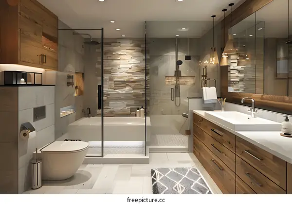 A modern bathroom with wood and white tiles
