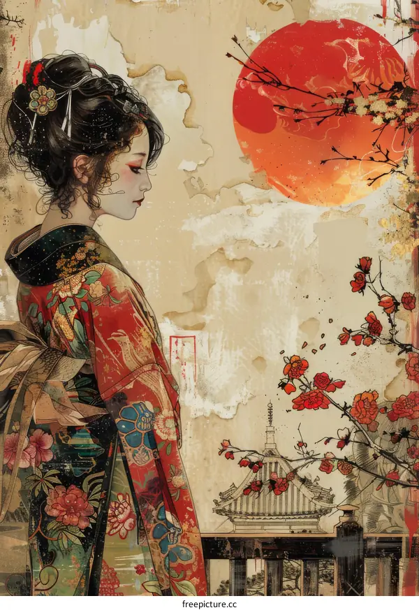 A digital painting of a woman in a kimono standing in front of a temple.
