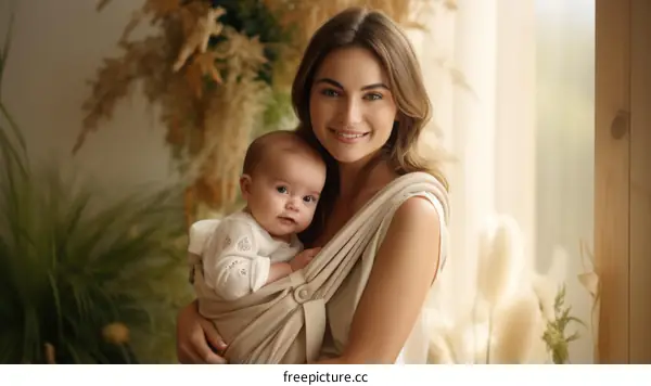 A young mother is holding her baby in a baby carrier