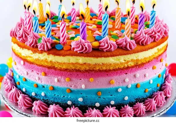 Colorful Birthday Cake with Candles and Decorations