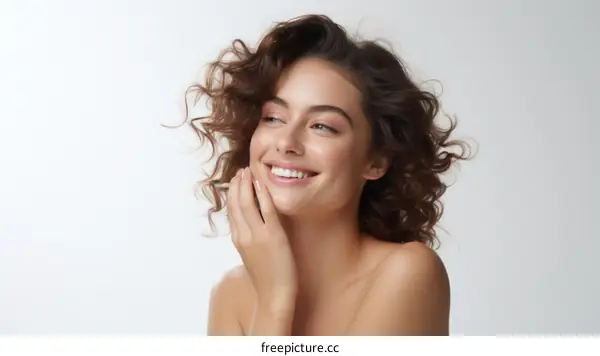 Portrait of a beautiful young woman with curly hair and a charming smile