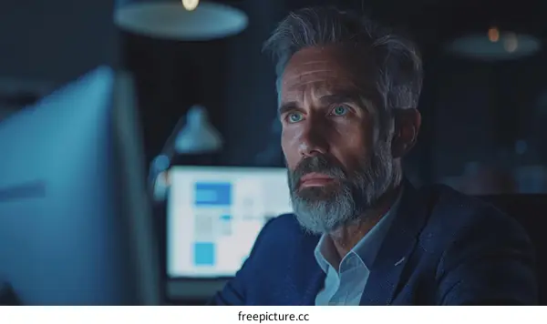 A man in a suit is looking at a computer screen.