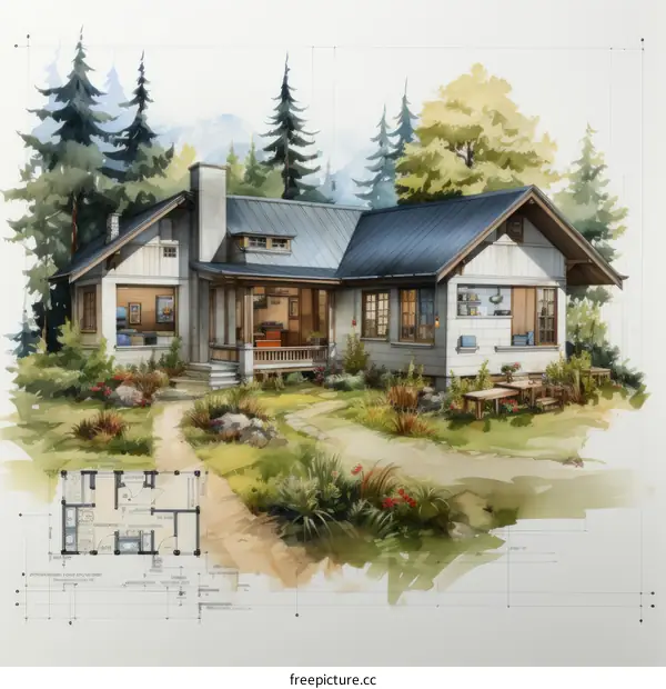 Small house in the woods with a floor plan
