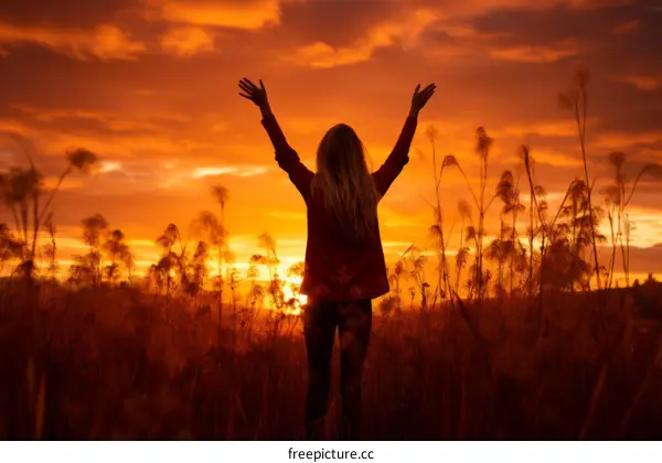 Young woman standing with arms raised in a field of tall grass at sunset