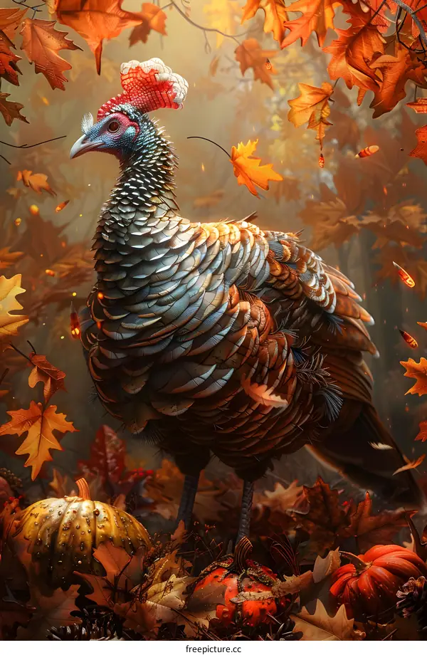 A turkey standing in an autumn forest