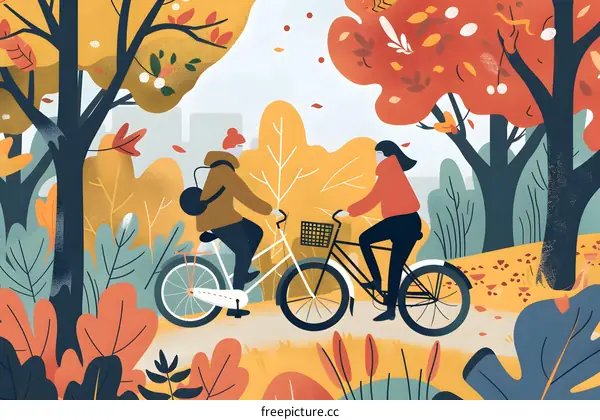 Couple Riding Bicycles in Autumn Park Illustration