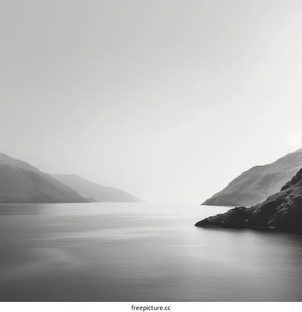Black and white landscape of a lake between mountains