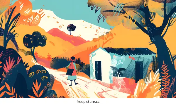 Woman Walking on a Path in a Rural Landscape Illustration