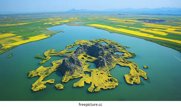 Aerial View of a Lake with Islands Covered in Yellow Flowers