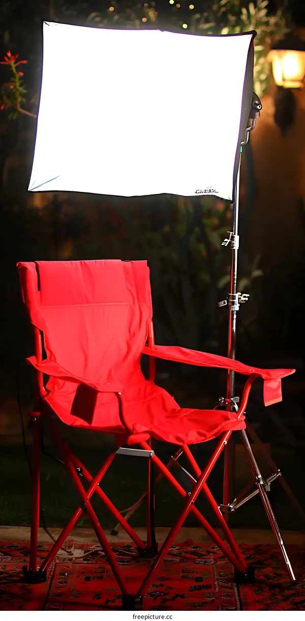 Red Folding Chair with Lighting Equipment in Backyard