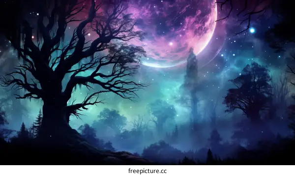 Mystical moonlit forest in purple and blue hues with gnarled trees and distant mountains