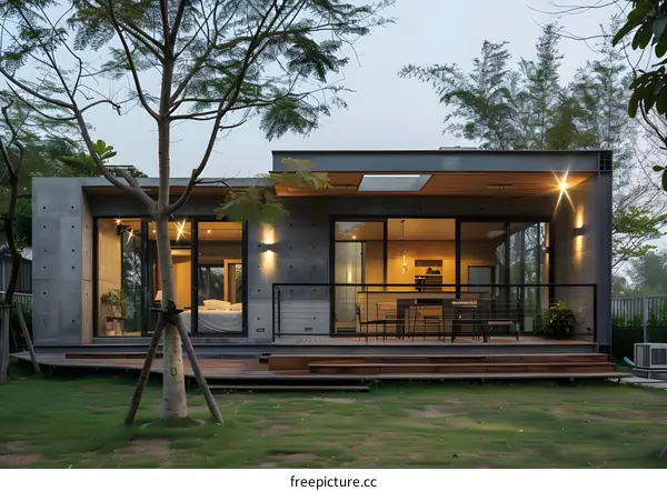 Modern Concrete House With Wooden Deck and Large Windows