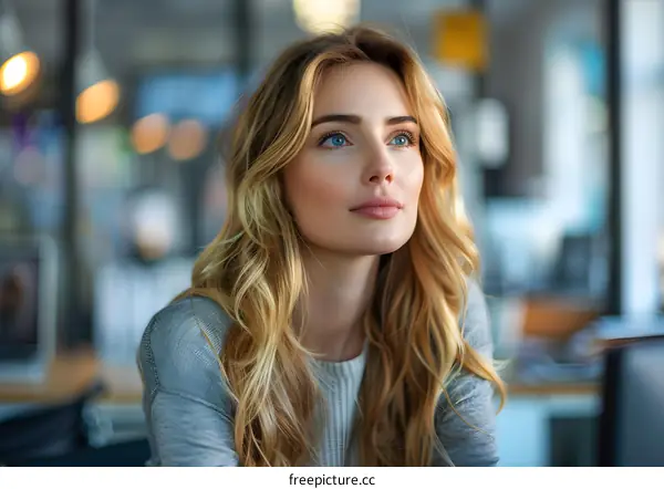 Portrait of a beautiful young woman with long blond hair looking away thoughtfully
