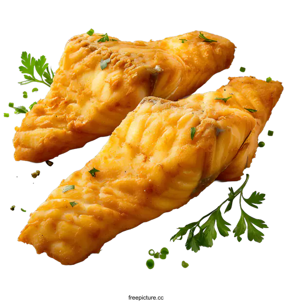 [Transparent Background PNG]Fried fish fillet with parsley