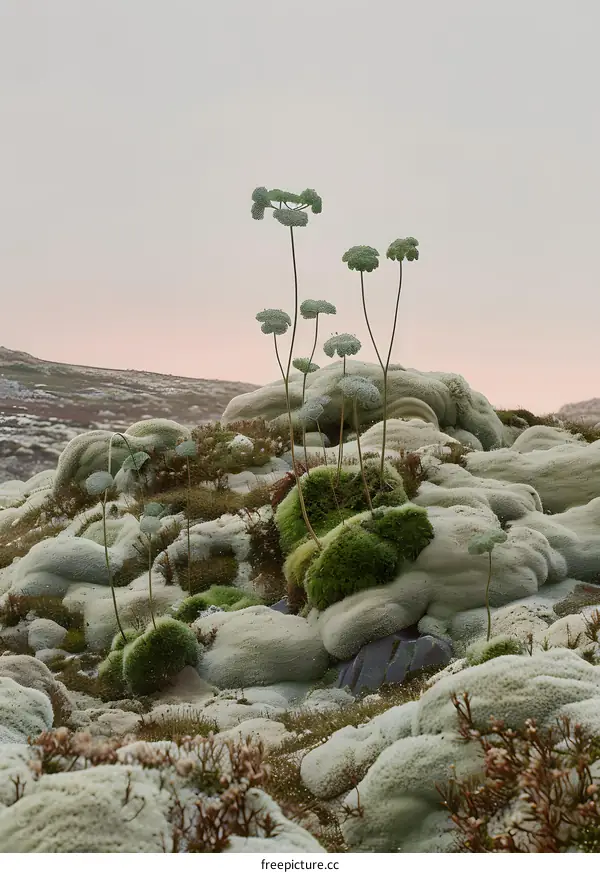 Green Moss and Plants on Mountain Slope