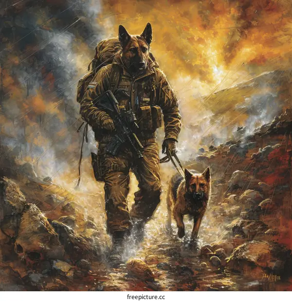Soldier and German Shepherd in a War Zone