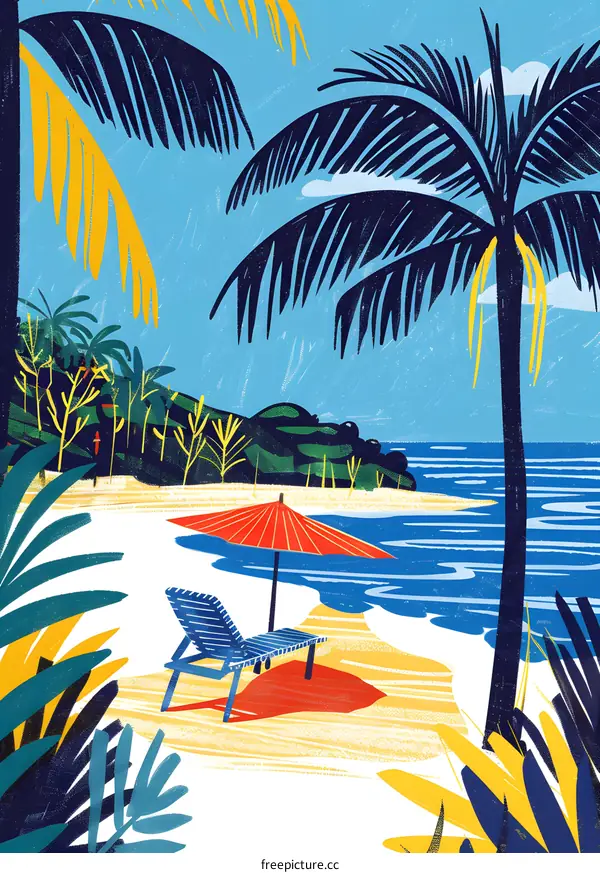 Summer Tropical Beach Illustration with Palm Tree and Lounge Chair
