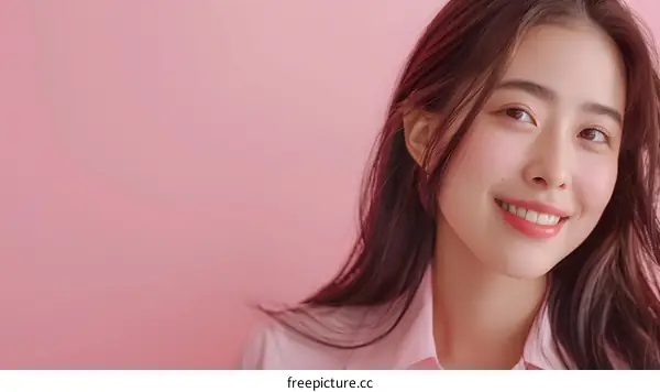Smiling Asian Woman in Pink Background