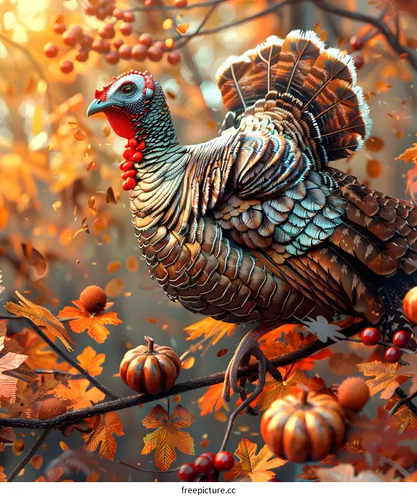A turkey is standing on a branch of a tree, with pumpkins and red berries hanging from it