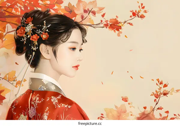 A beautiful Chinese woman in traditional red dress with red and yellow flowers in her hair