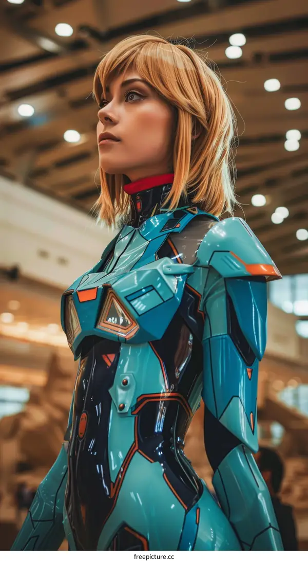 portrait of a young woman in a blue and black bodysuit