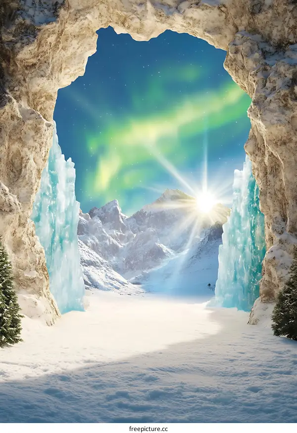 Aurora Borealis View from a Snowy Cave