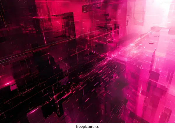 A glowing pink city in the middle of a circuit board