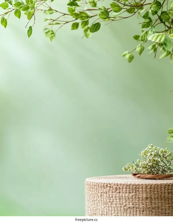 Empty Light Green Studio Background with Woven Stand