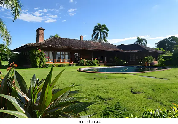 A beautiful house with a pool in the front yard