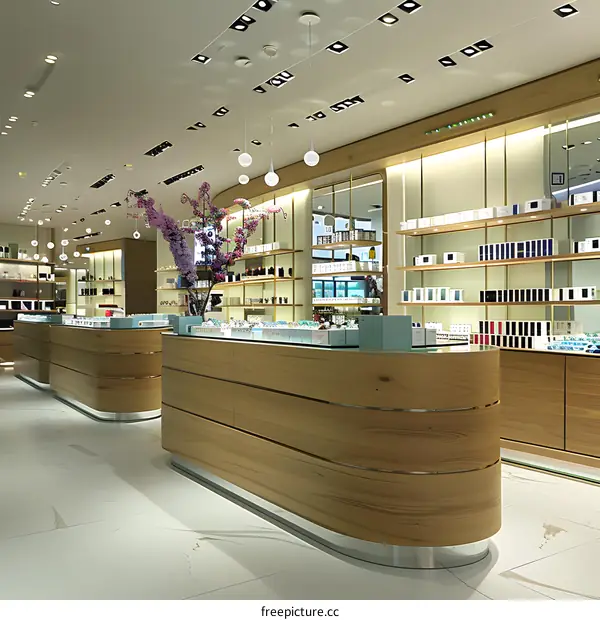 Modern Interior Design of a Retail Store with Wooden Counters and Shelves