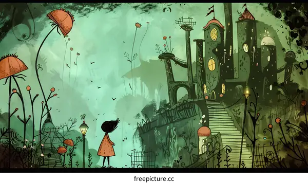Girl Standing in Front of a Green Castle in a Fantasy World