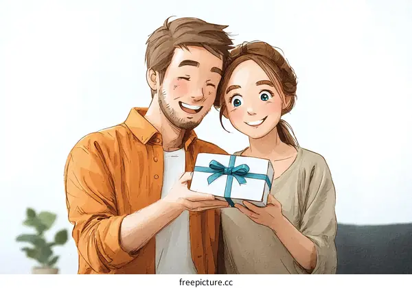 Happy Couple Giving Gift Illustration