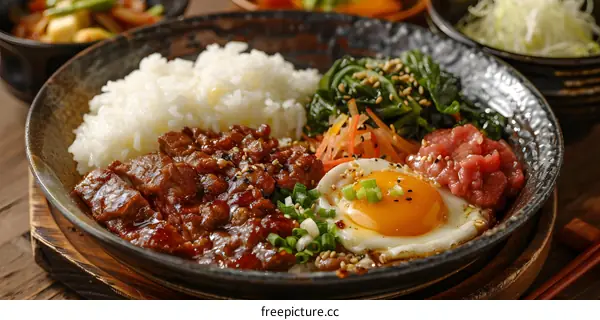 Korean food dish with beef, egg, rice and vegetables
