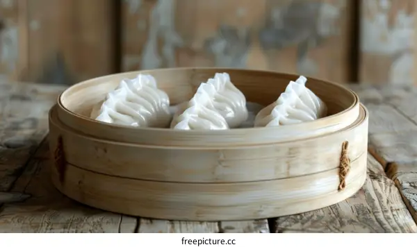 Delicate Chinese steamed dumplings in a bamboo steamer