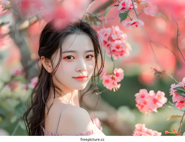 Beautiful Asian Woman in Pink Flowers