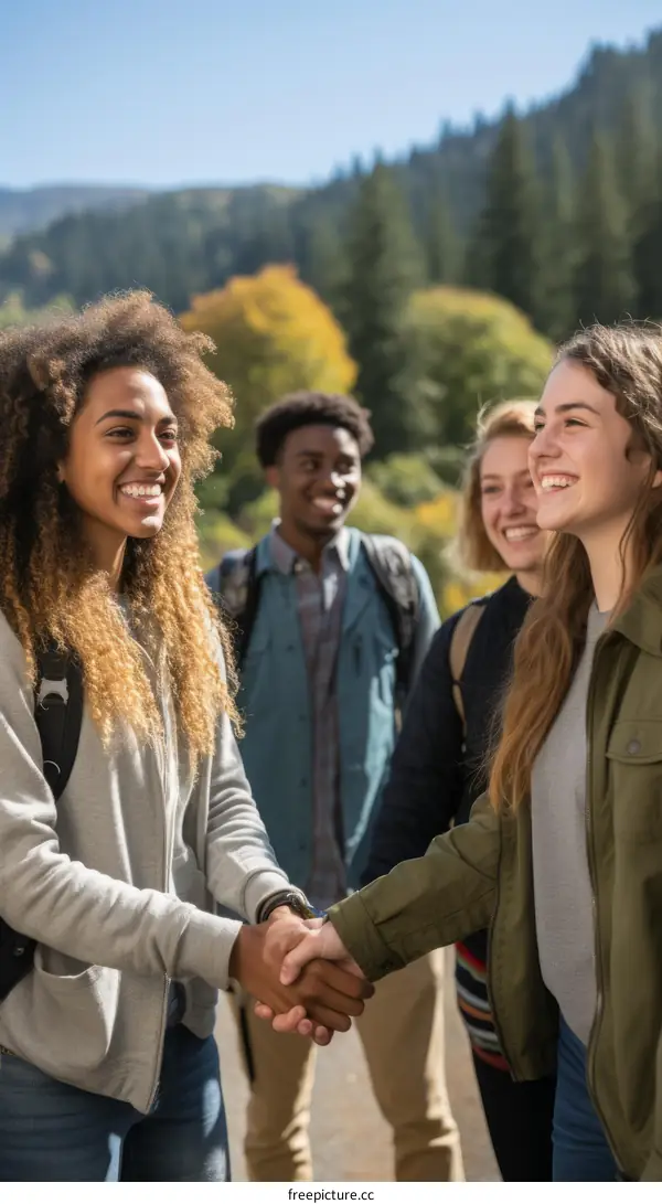 Two young women shaking hands with two young men standing in the background