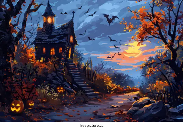 Spooky Halloween Haunted House with Pumpkins, Bats, and Moonlit Trees