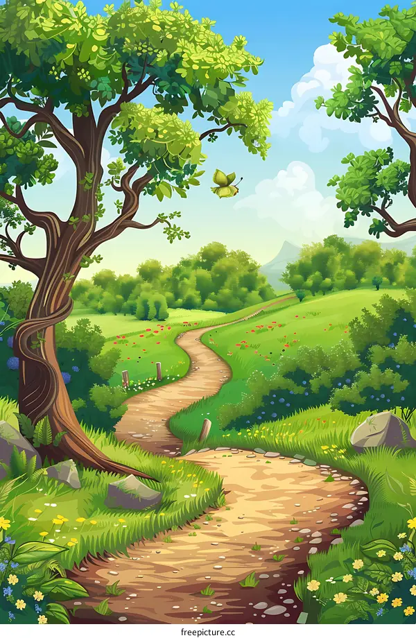 Green Forest Path with Winding Road and Butterfly
