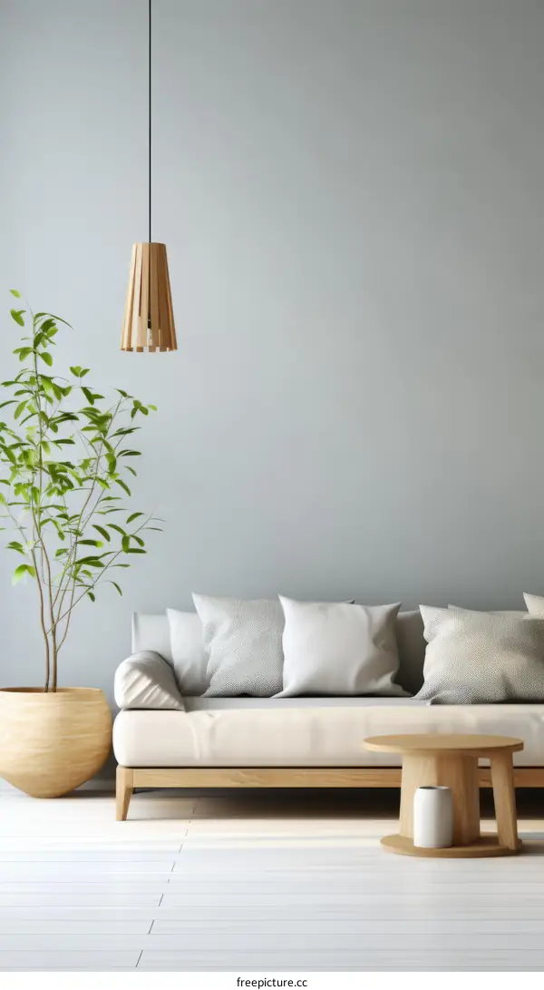 Airy Scandinavian living room with a white sofa and natural elements