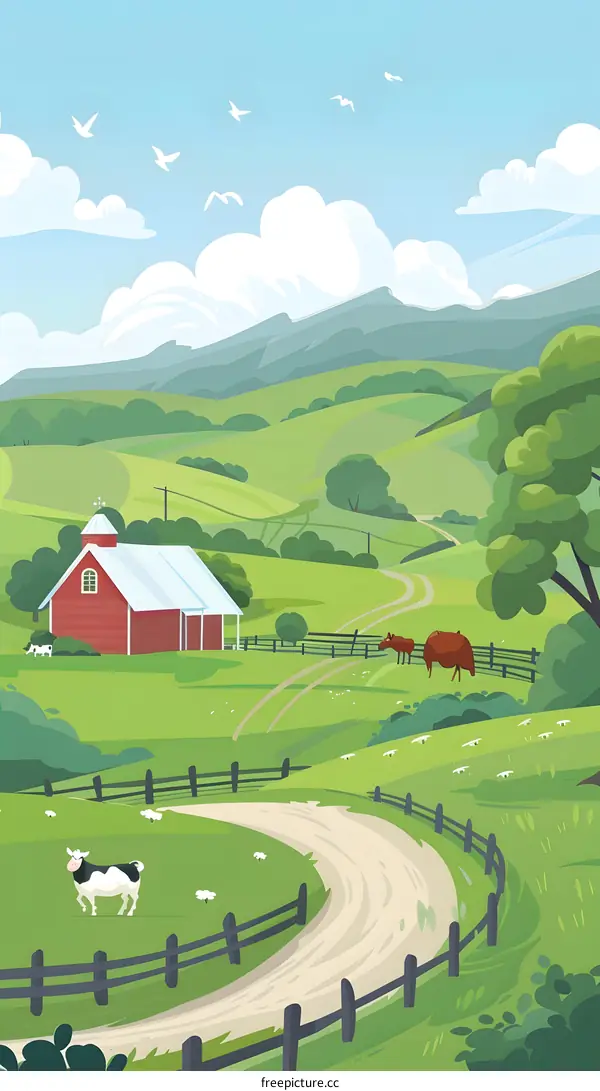 Rural Landscape with Green Hills and Farm