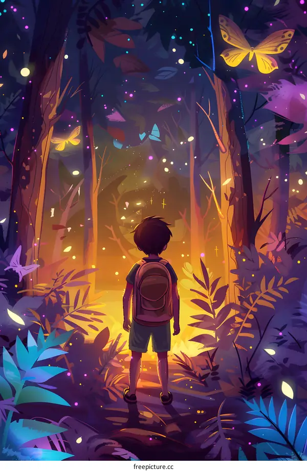 A Boy Standing in a Magical Forest with Butterflies and Fireflies